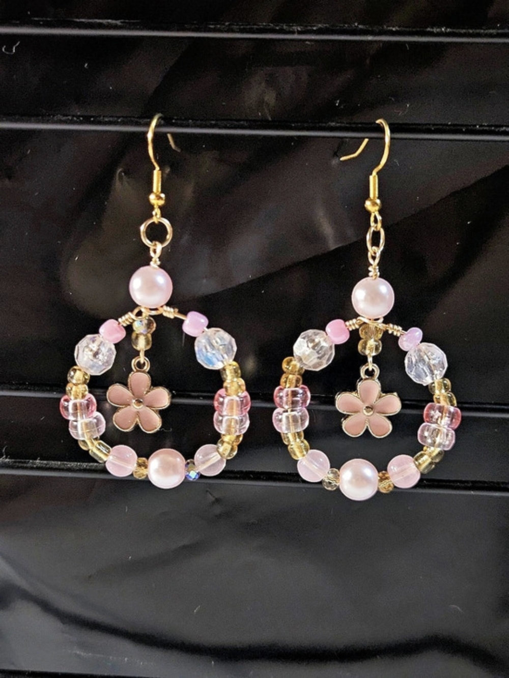 Pink Beaded Flower Drop Earrings | New | Handmade